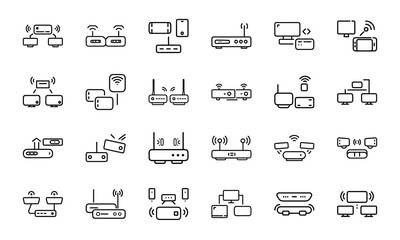 Collection of network router and connected devices outline icons for technology and connectivity