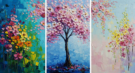 Stunning impasto oil painting depicting blossoming trees and colorful floral arrangements