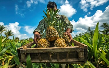 Farmer carries pineapples in field, against cloudy sky