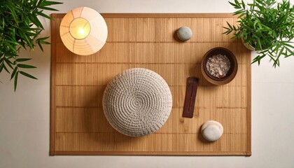 Serene Zen Still Life: Meditation Cushion, Lantern, and Natural Elements