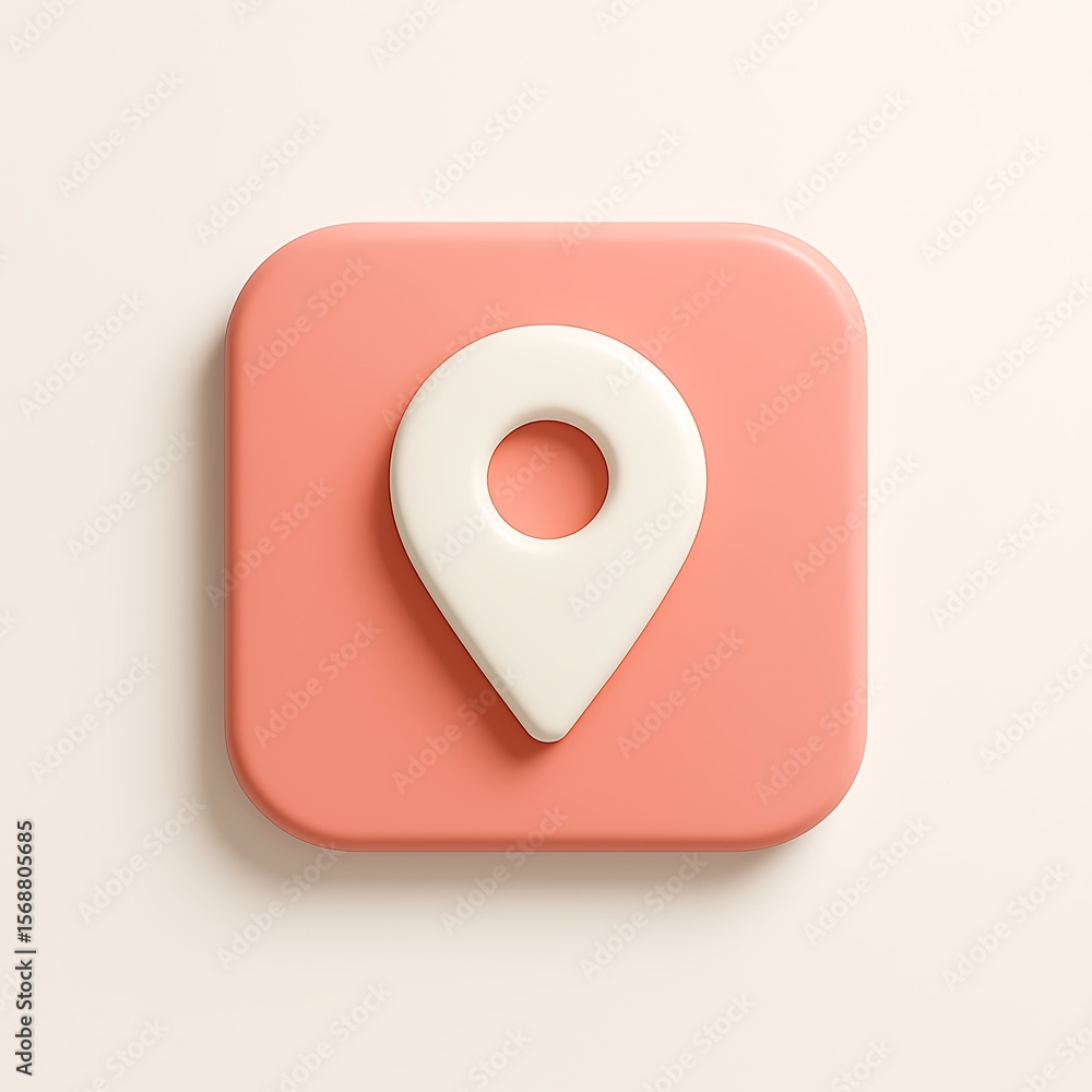 Poster 3d rendering of a coral location pin icon on a rounded square isolated on white background