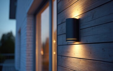 Exterior wall light at dusk, illuminating a modern home
