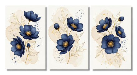 Elegant watercolor illustration of three blue flower arrangements with gold accents