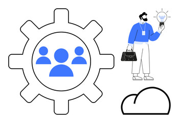 Gear with team icon, businessman holding lightbulb representing ideas or solutions, and cloud concept. Ideal for innovation, team management, cloud technology, creativity, problem-solving, business