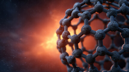 detailed 3D rendering of a molecular structure resembling a carbon nanotube or buckyball against a glowing, fiery background.