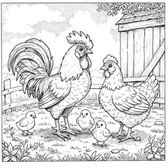 A proud rooster, a hen, and three small chicks stand together on a grassy farm near a wooden fence and barn, illustrated in black-and-white line art.