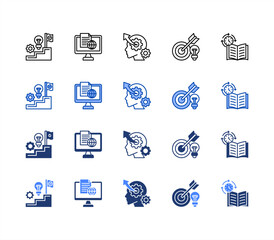 Learning management System icon sheet multiple style collection.  Learning Journey, Online Course, Self Development, Objective, Synchronous.