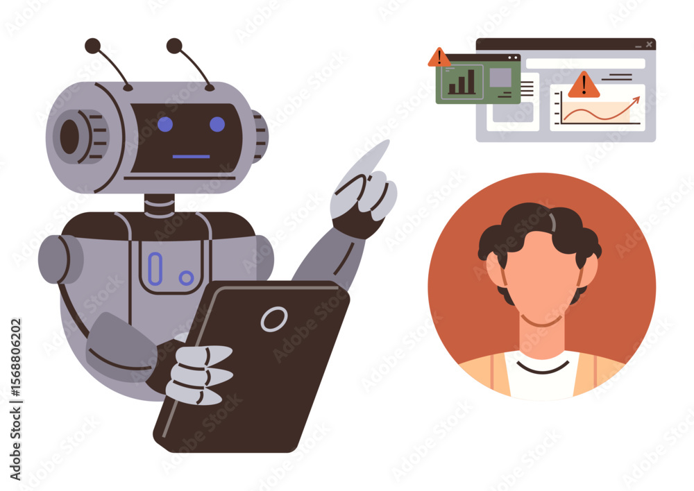 Poster robot holding tablet points at alert graphics with charts and profile icon of a user. ideal for arti