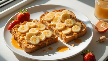 Healthy Breakfast Toast with Peanut Butter, Banana Slices, Honey, and Strawberries