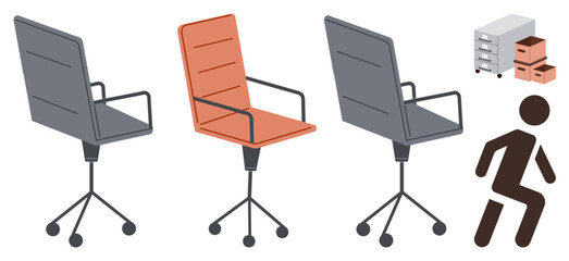 Three office chairs, storage cabinets, stacked boxes, and a walking figure symbolize resignation, job change, or relocation. Ideal for work transitions, career moves, workplace dynamics resignation