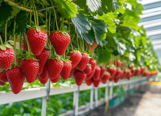 Ripe strawberries hanging in a greenhouse