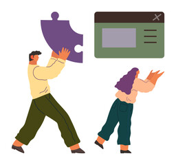 Two individuals hold and connect puzzle pieces toward closing a web interface. Ideal for teamwork, problem-solving, digital workflows, user experience, innovation, collaboration, simple flat metaphor