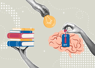 A trendy collage of halftone images. Unlocking knowledge, books, ideas, and the power of learning. The concept of learning, inclusion in work, and idea generation.