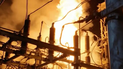 Inferno at the Power Plant: A stark image captures the catastrophic consequences of an incident at a power plant, with towering flames and plumes of smoke engulfing the infrastructure