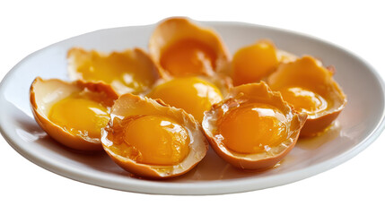 A plate of fresh, cracked egg yolks showcasing their vibrant color. transparent background