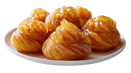 A plate of sweet traditional desserts made with honey and pastry. transparent background