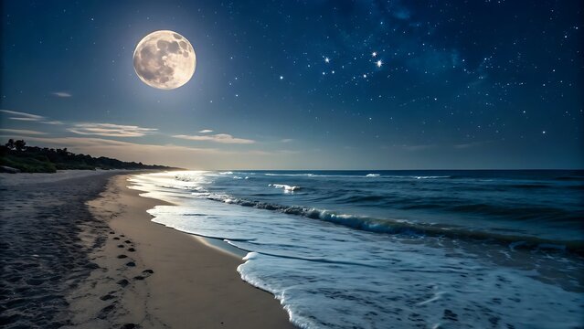 Luminous moonlit ocean waves crash on sandy shore night beach