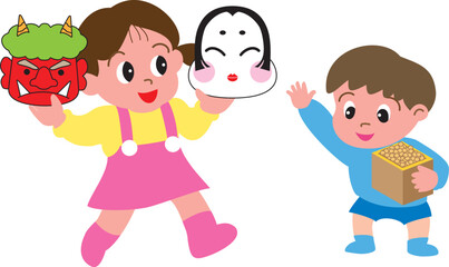 節分でお面を持つ女の子と豆をまく男の子
