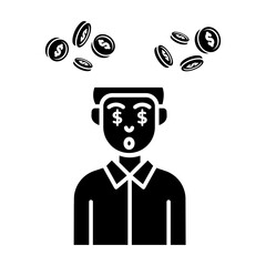 Man Obsessed with Money: A Whimsical Illustration vector icon solid style