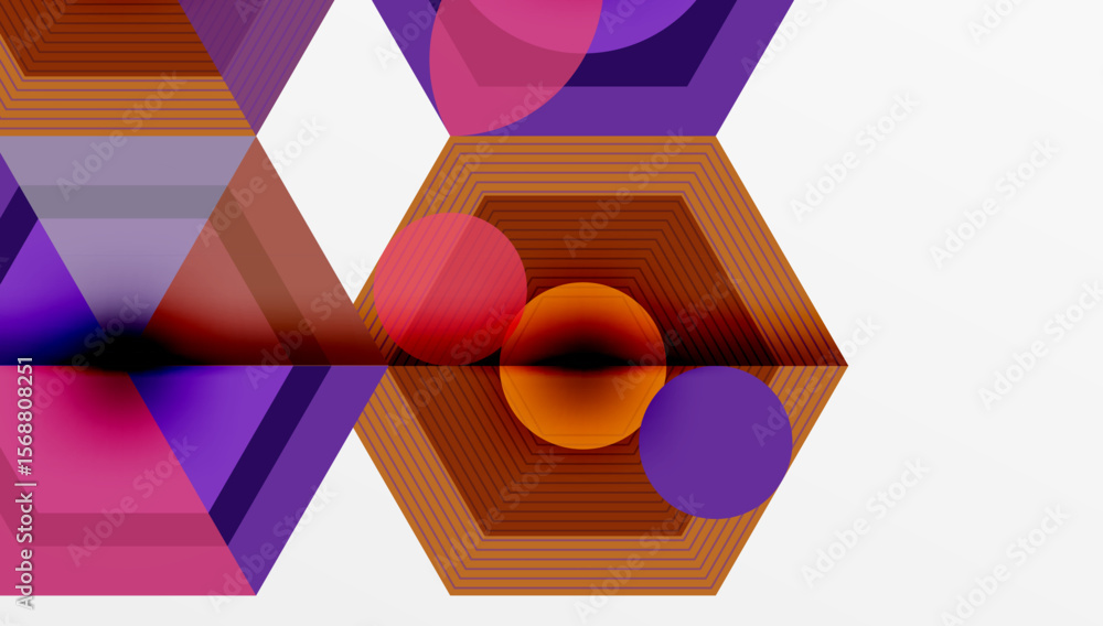 Poster abstract geometric composition. hexagons, circles overlap creating vibrant visual effect. warm, cool