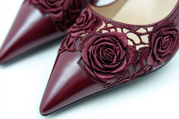 Burgundy leather heels adorned with intricate rose designs.