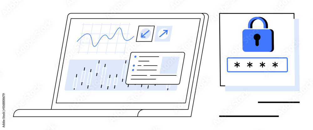 Poster open laptop showing analytics dashboard with graphs, charts, and data notification alongside a secur