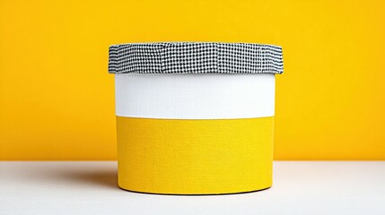 Decorative cylindrical container with contrasting colors and patterned trim.