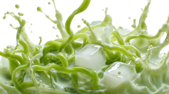 A splash of vibrant green liquid with ice cubes suspended in motion. transparent background