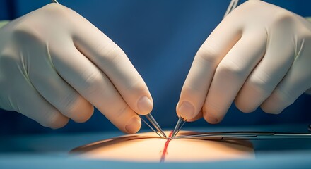 Surgeon's hands in sterile gloves performing a surgical procedure using forceps on a patient.