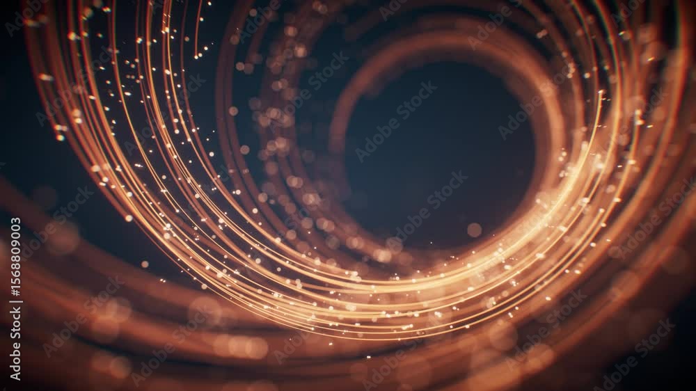 Poster rotating glowing vortex lines and particles background, 3d rendering.