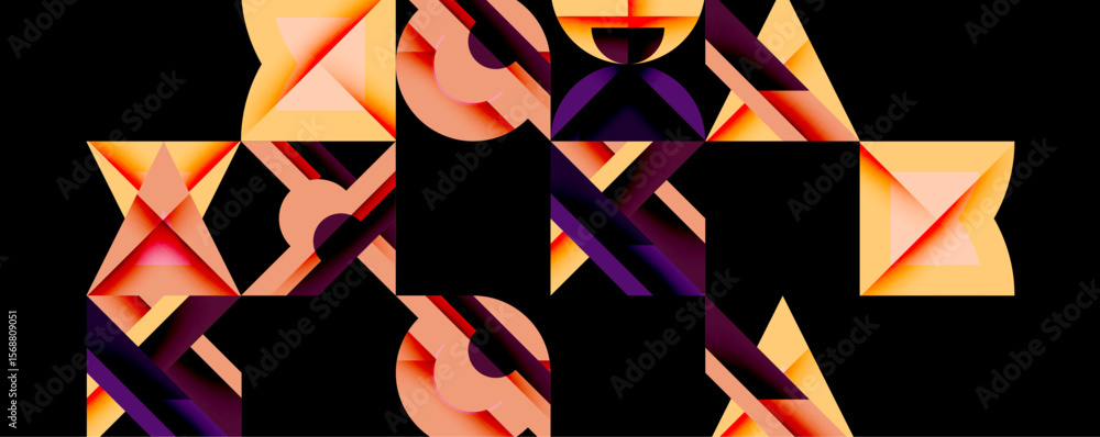 Poster Abstract geometric shapes overlap, creating dynamic composition. Warm colors dominate against dark background. Modern design elements present.