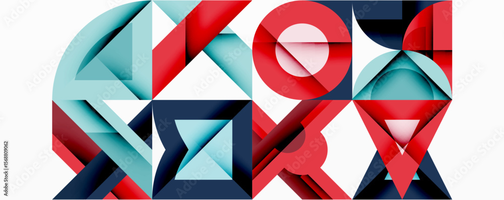 Poster abstract geometric shapes, red, blue, teal. overlapping forms create dynamic composition. minimalist
