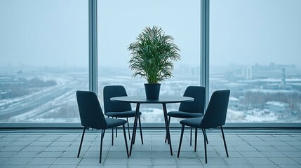 Fototapeta premium A round table with dark chairs against a panoramic window.