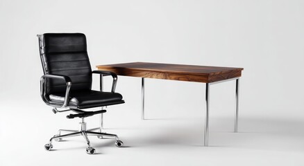 Black leather office chair & wooden desk