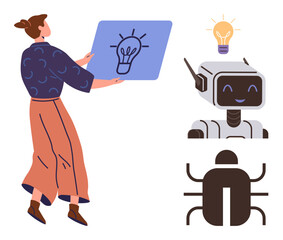 Woman holding idea board, smiling robot, innovation-themed icons. Ideal for technology, creativity, problem-solving, AI, futuristic concepts, education simple flat metaphor