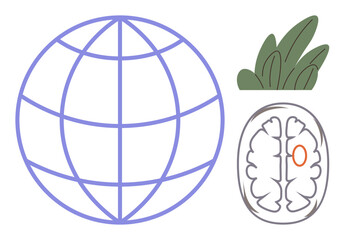 Globe grid, leafy plant, and stylized brain emphasize sustainability, global consciousness, mental health, interconnection, ecology, balance and mindfulness. Ideal for innovation education