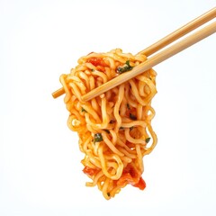 Chopsticks holding a clump of tomato-based instant noodles