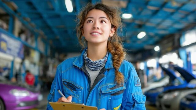 Mechanical Vision: A determined and skilled automotive mechanic, pencil and clipboard in hand, exudes competence as she surveys the repair shop. Representing female empowerment.