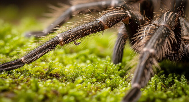 Close-up view of a tarantula spider resting on vibrant green moss.