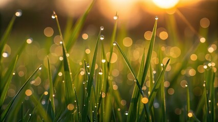 Dew-kissed grass with sunlight creating a soft bokeh effect.