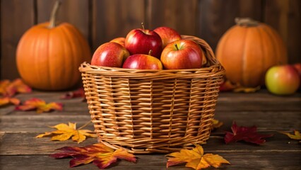 Bountiful basket of apples surrounded by pumpkins and autumn leaves.