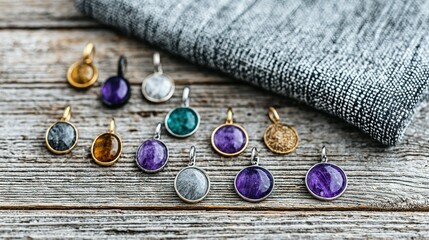 Colorful gemstone pendants displayed on a wooden surface.