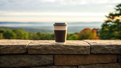 Coffee cup on a stone ledge with a scenic landscape in the background.