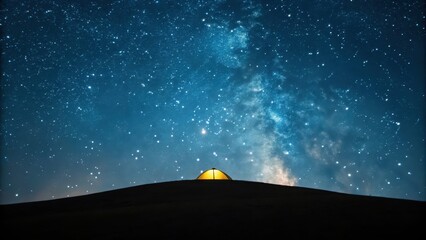Tent under starry sky with cosmic background.