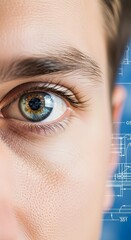Close-up of a person's eye, overlaid with a blueprint-like design, suggesting technological innovation or vision.