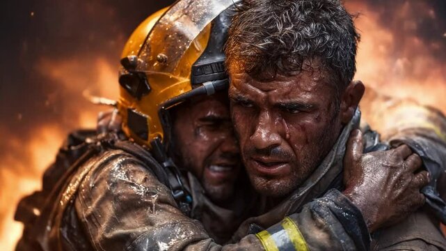 Bravery in the Face of Flames: A courageous firefighter embraces a comrade amidst a raging inferno, the image capturing the essence of selflessness and heroism amidst the heat of the moment.