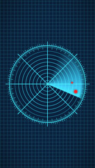Vertical illustration of a radar screen in blue with scanning beam on dark background - virtual dashboard interface.