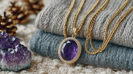 Gold necklace with amethyst pendant resting on stacked sweaters and crystals.