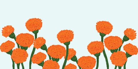 Orange marigold flowers against a light blue sky.  vector illustration. 