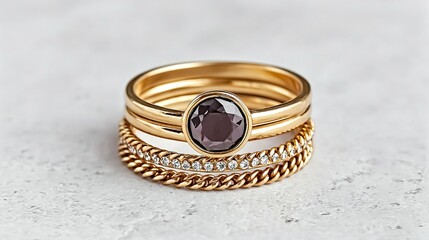 Stacked rings with a dark gemstone and small diamonds.